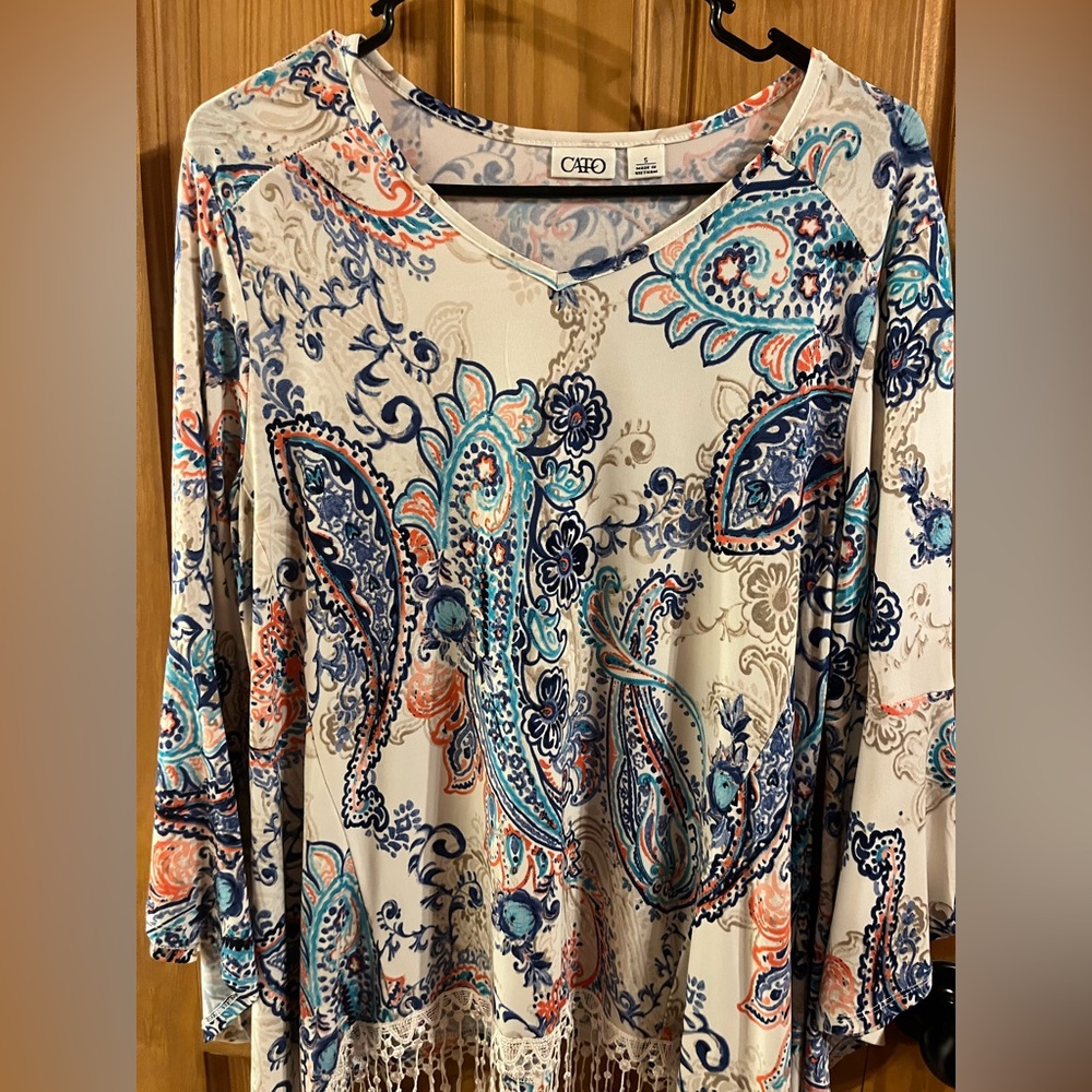 Cato Paisley Print Blouse - Blue, Orange, Cream